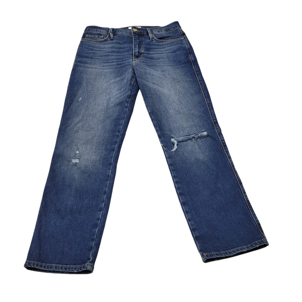 Frame Le Sylvie crop jeans slender straight dark wash stretch distressed 28